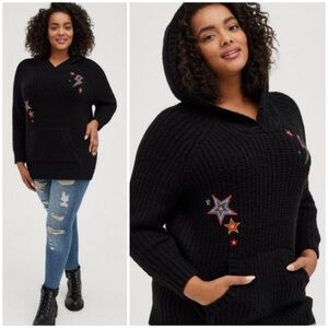 Torrid Embroidered Star And Thunderbolt Raglan Knit Hooded Sweater